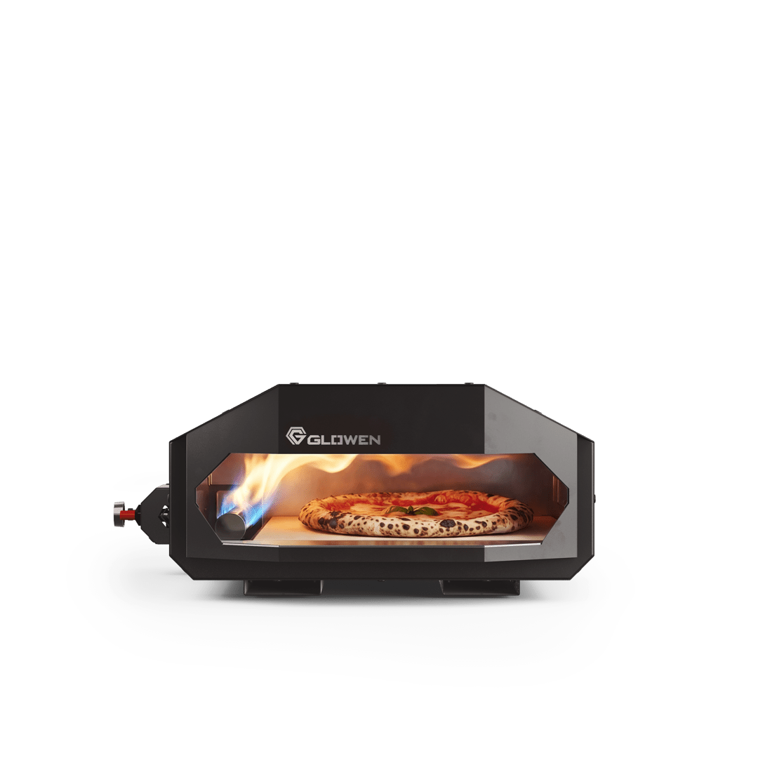 Glowen Dragon 14 gas pizza oven, with a flame from its left-side burner