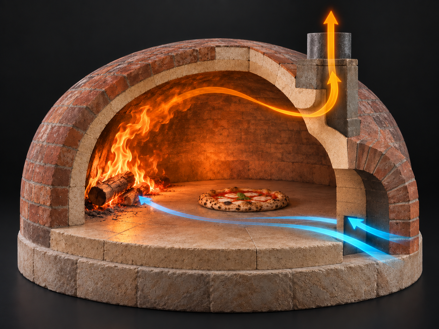 Conceptual cutaway of a traditional masonry pizza oven. A wood fire sits on the left beside the pizza. Blue arrows enter through the lower mouth; orange arrows show hot gases moving beneath the vault and leaving through the vent above the front entrance.