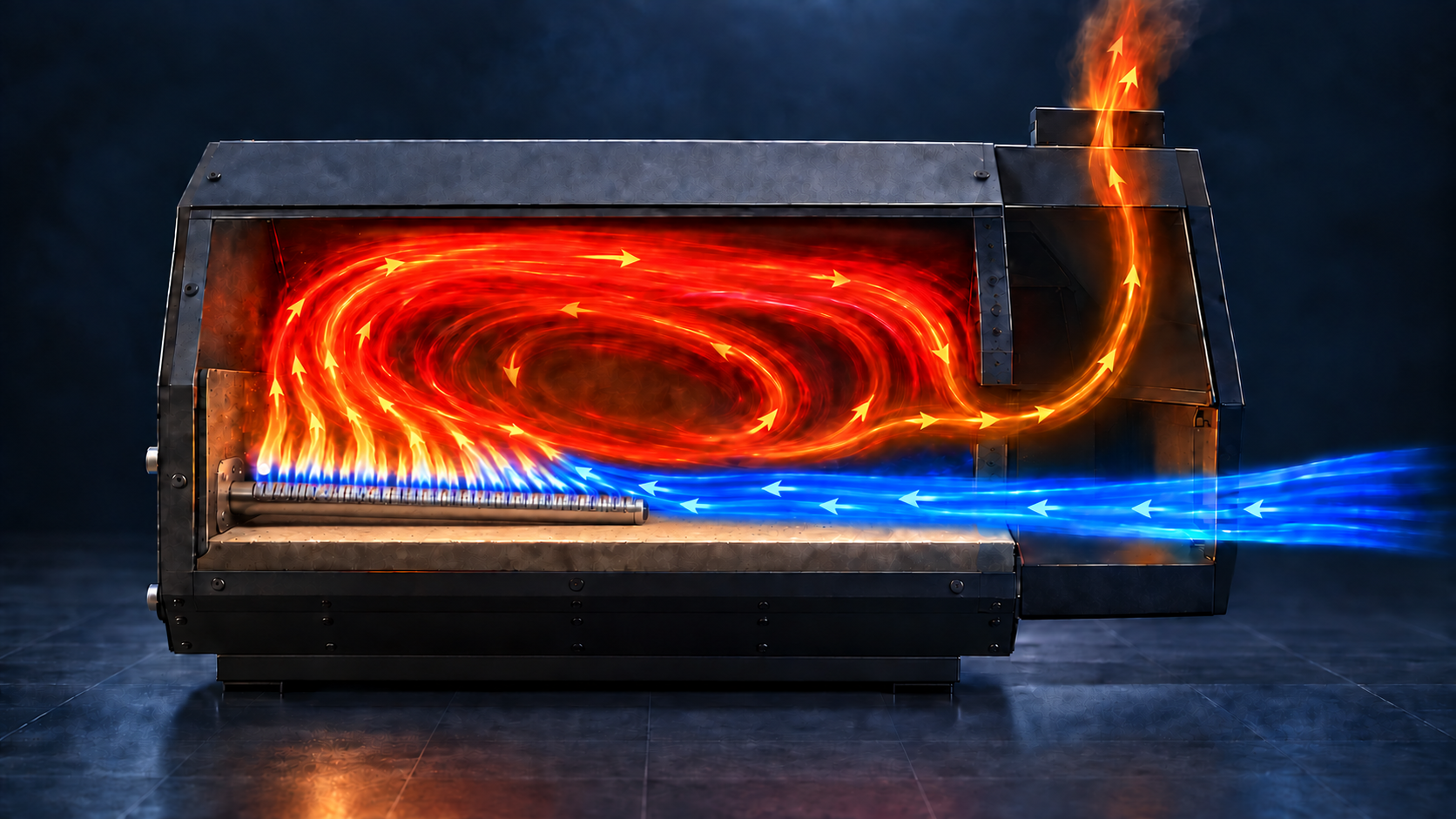Approved conceptual side cutaway of the gas-powered Glowen Raptor 1, with the front opening at right. The main chamber remains open above the stone. The gas burner runs along the left chamber wall. Blue arrows indicate air entering from the front toward the burner; orange arrows illustrate hot-gas movement toward the short upper outlet.
